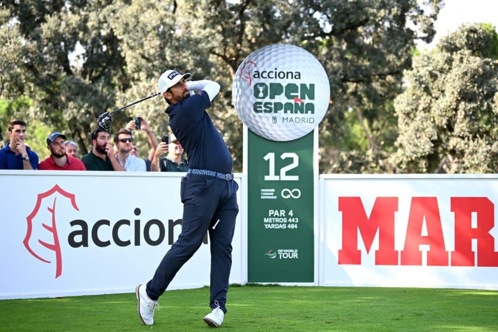 MADRID, SPAIN - OCTOBER 14: Matthieu Pavon of France tees off on the 12th hole on Day Three of the acciona Open de Espana presented by Madrid at Club de Campo Villa de Madrid on October 14, 2023 in Madrid, Spain. (Photo by Stuart Franklin/Getty Images)