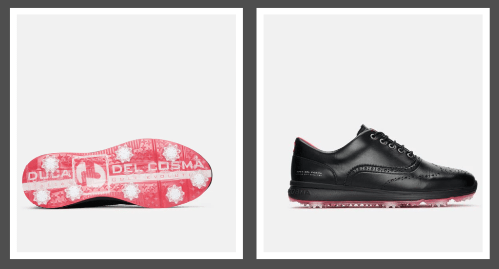 Vue détaillée des chaussures de golf Duca Del Cosma Bernardo : semelle rouge avec crampons Softspikes pour une adhérence exceptionnelle, et design en cuir noir inspiré des chaussures brogue classiques.