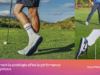 Golfeur en fin de swing montrant ses appuis au sol, avec un focus sur les chaussures de golf