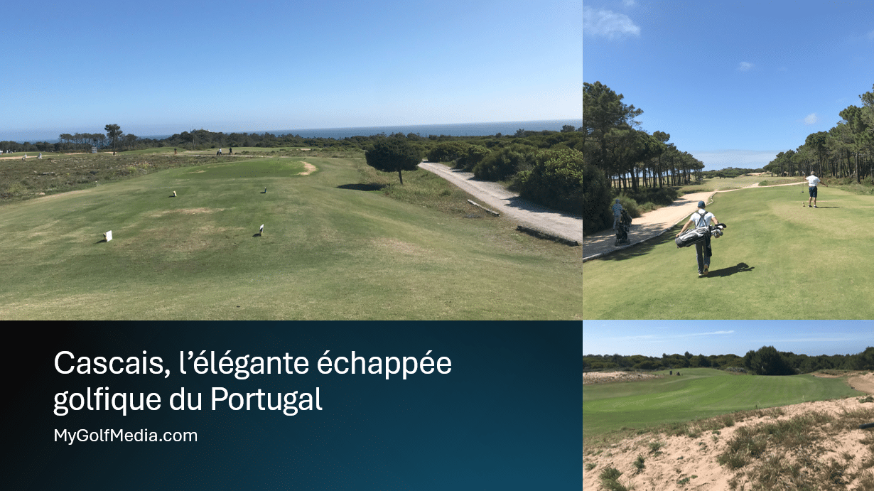 Parcours de golf Oitavos Dunes – Cascais, Portugal Vue panoramique des fairways bordés de pins et de dunes naturelles sur le parcours de golf d’Oitavos Dunes à Cascais, au Portugal.