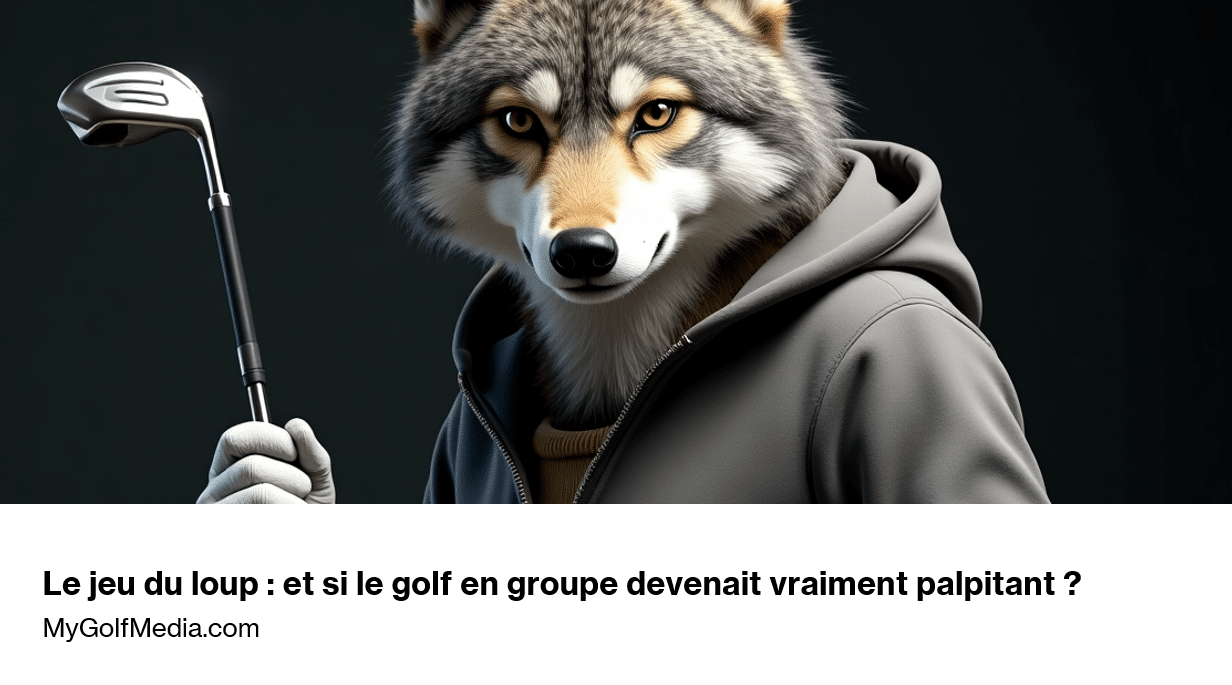 Le jeu du loup au golf : une stratégie entre flair et audace Illustration d’un loup anthropomorphe tenant un club de golf, référence visuelle au jeu du loup, un format stratégique pour jouer au golf à plusieurs.