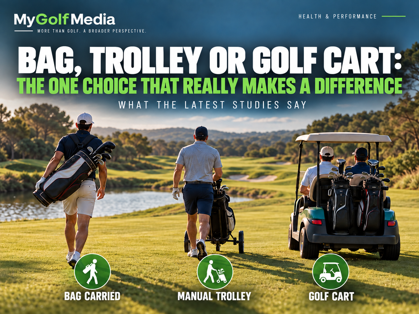 Golfer carrying a bag, golfer pushing a manual trolley and two golfers riding in a golf cart