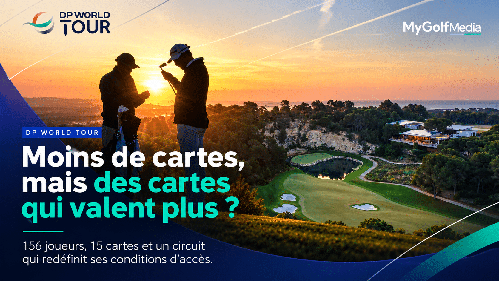 Deux golfeurs au coucher du soleil sur le parcours INFINITUM, illustration de la réforme du DP World Tour et des 15 cartes de qualification pour 2027.
