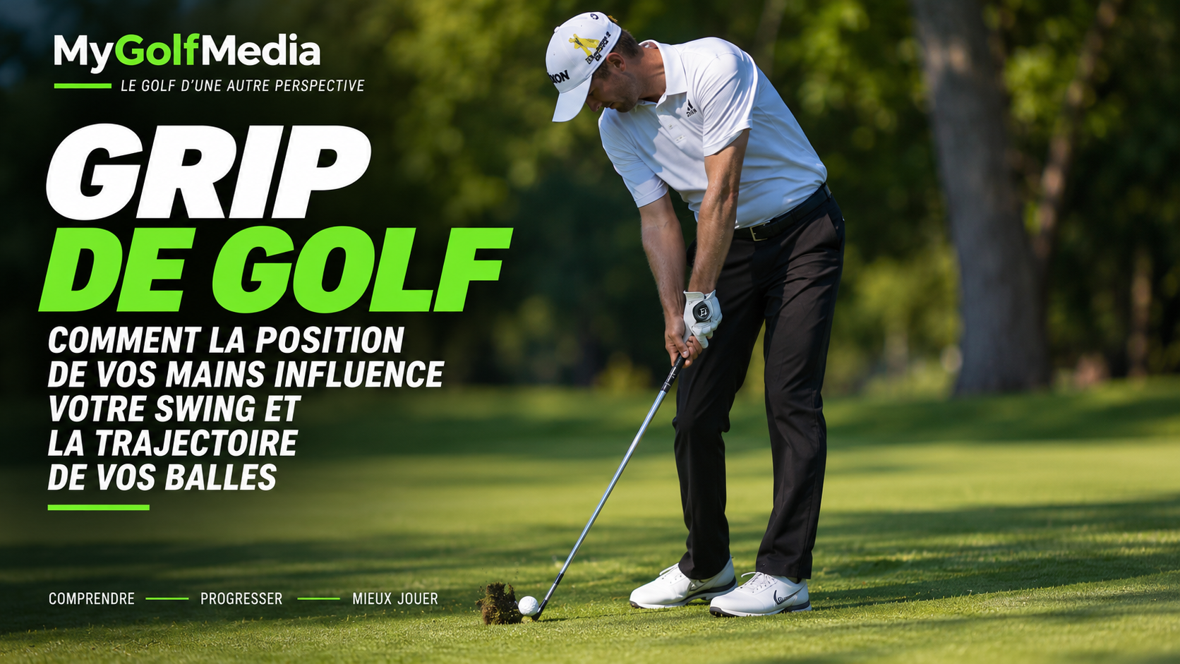 Position des mains sur le grip d'un club de golf, avec comparaison des prises neutre, forte et faible et de leur influence sur le swing.