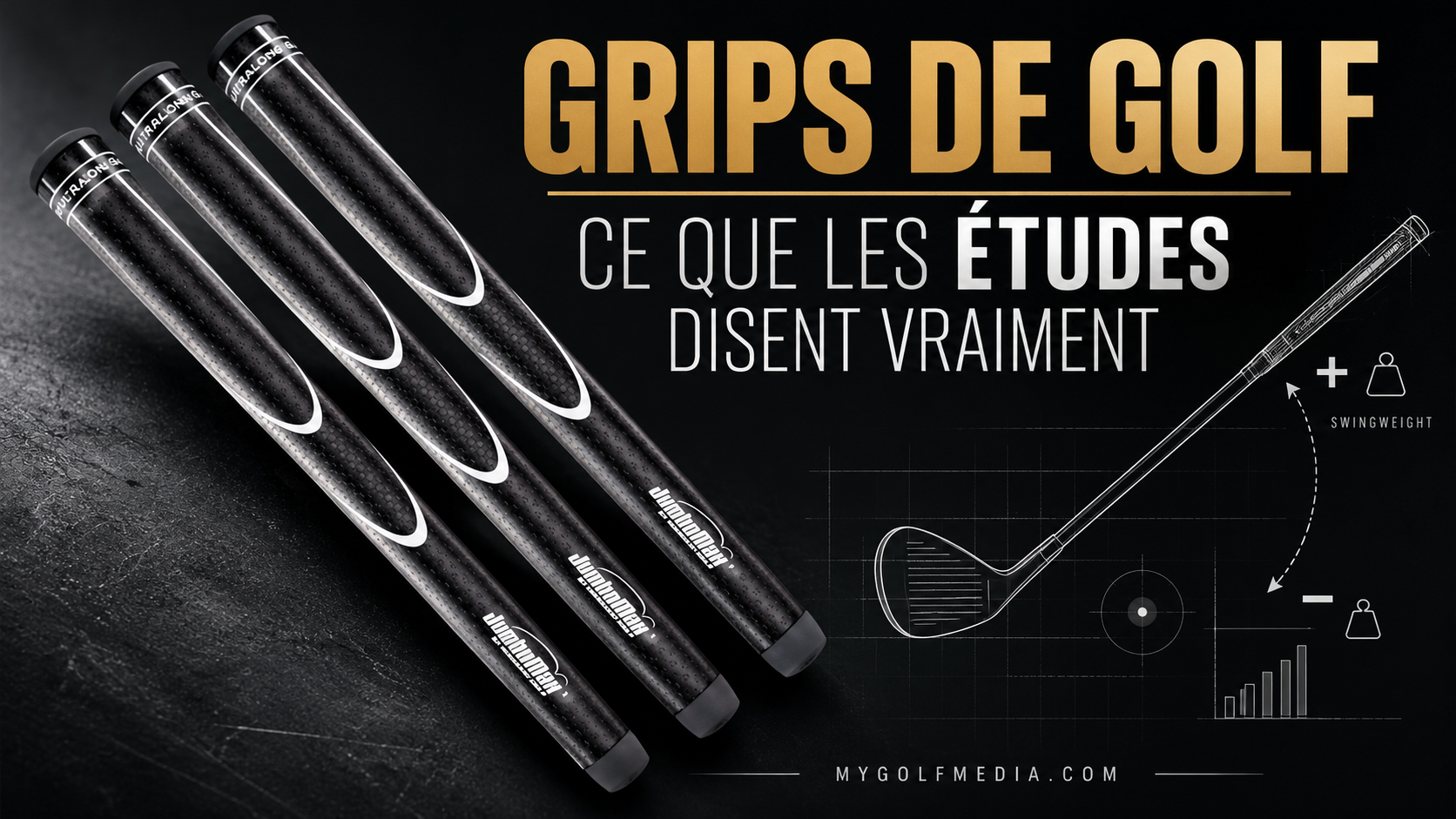 Trois grips de golf JumboMax UltraLong illustrant une enquête sur la taille, le poids et les performances des grips.