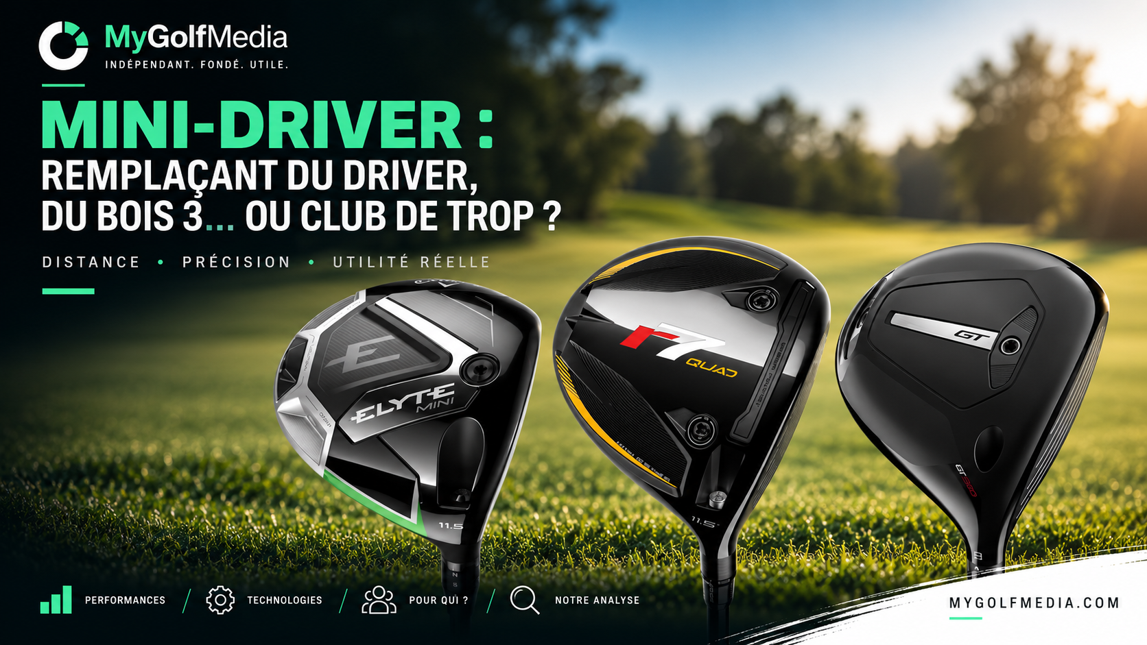 Comparatif de trois mini-drivers de golf : Callaway Elyte Mini, TaylorMade R7 Quad et Titleist GT280, pour analyser leur intérêt face au driver et au bois 3.