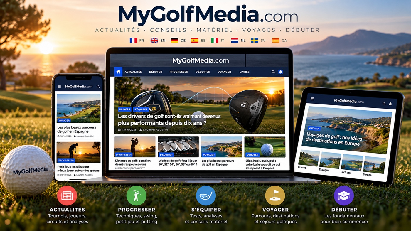 Présentation du nouveau site MyGolfMedia.com sur ordinateur, tablette et smartphone, avec ses rubriques actualités, progression, matériel, voyages et débutants.