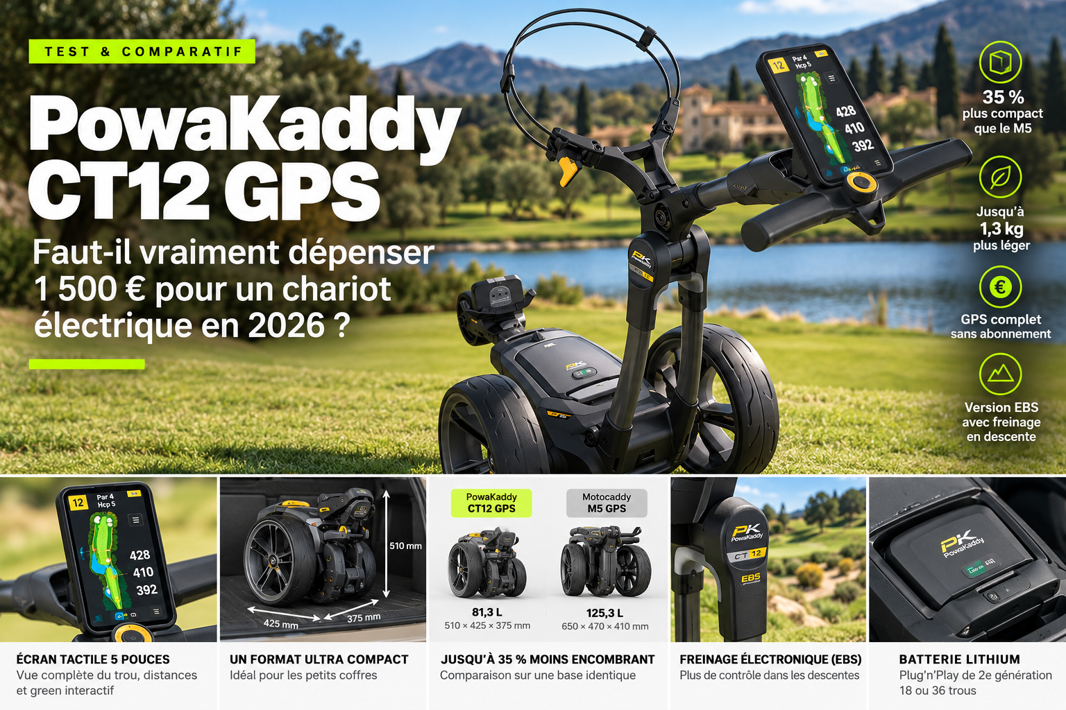 PowaKaddy CT12 GPS sur un parcours de golf, avec écran tactile de 5 pouces et comparatif d'encombrement face au Motocaddy M5 GPS 2026